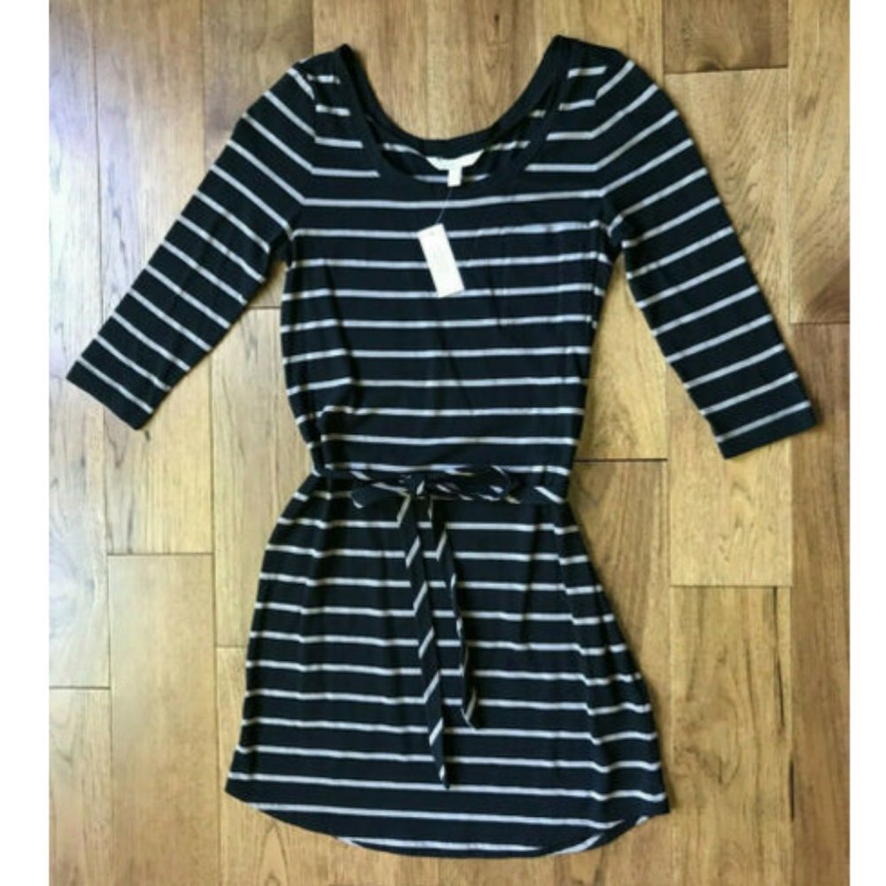 Banana Republic Black & Khaki Striped Knit Dress Small NEW